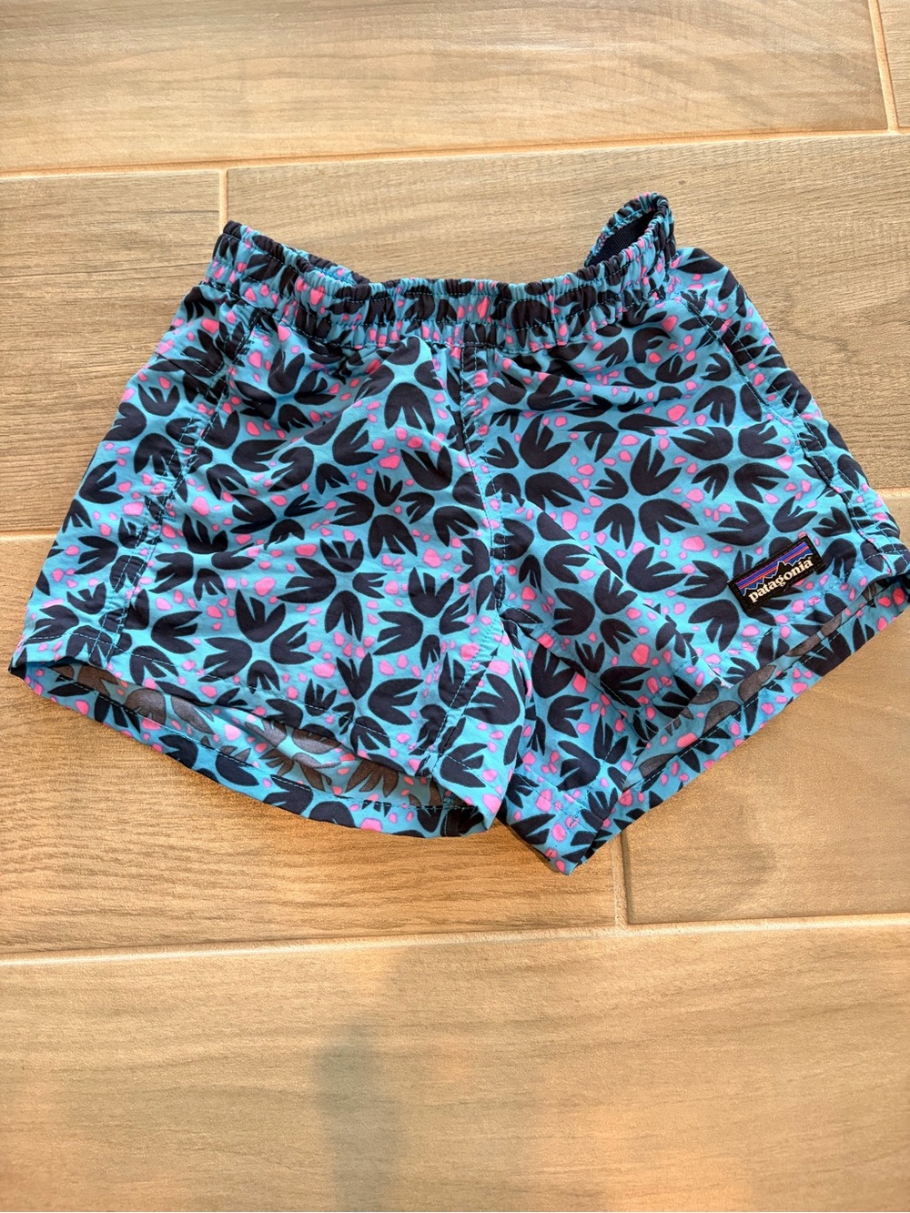 Patagonia Kid’s Teal Floral Athletic Shorts with Pink Accents